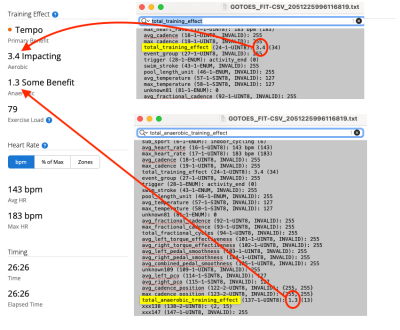 Notice how in this example, the values found in the diagnostics file do match what is shown on Garmin Connect.  You can test this with your GOTOES exports, and you will see that while the values in the GOTOES file are correct, Garmin might &quot;disrespect&quot; those values and re-calculate your training_effect based on your heart rate.