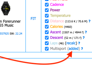 After you have checked the MultiSport checkbox, the text &quot;added&quot; will appear.  You can click on that to see a table of the session data that has been added.